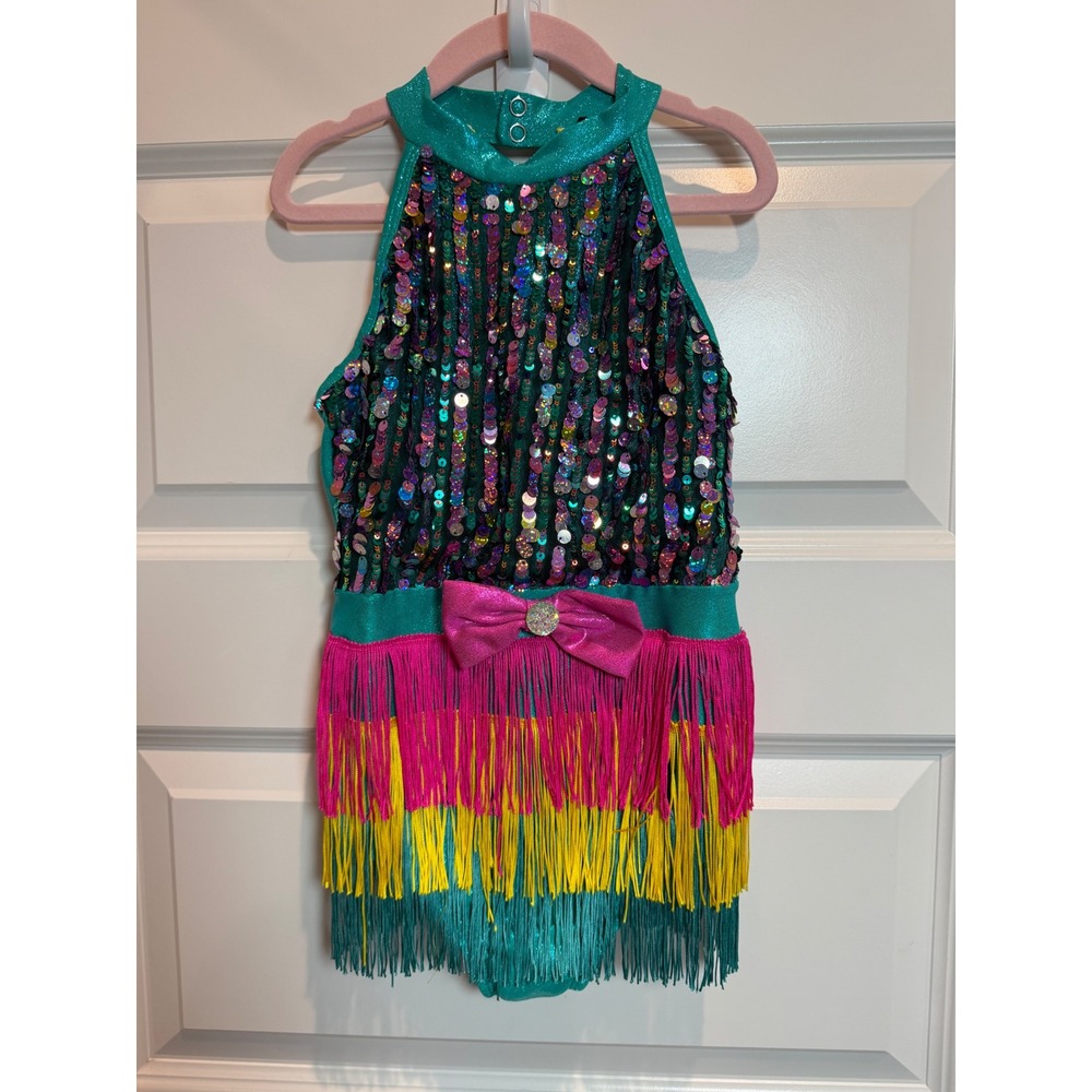 Kids Sequin Fringe Dance Leotard Costume Teal Pink Yellow Performance Comp MC